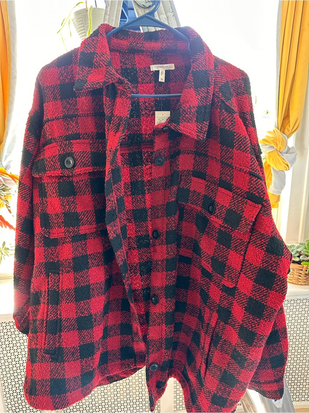 Maurices Red and Black Plaid Button-Up Shacket